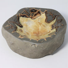 Load image into Gallery viewer, Sculpted and polished Septarian bowl with the original rough outside edge and the bright and colorful polished Calcite and Aragonite pattern found in the center.
